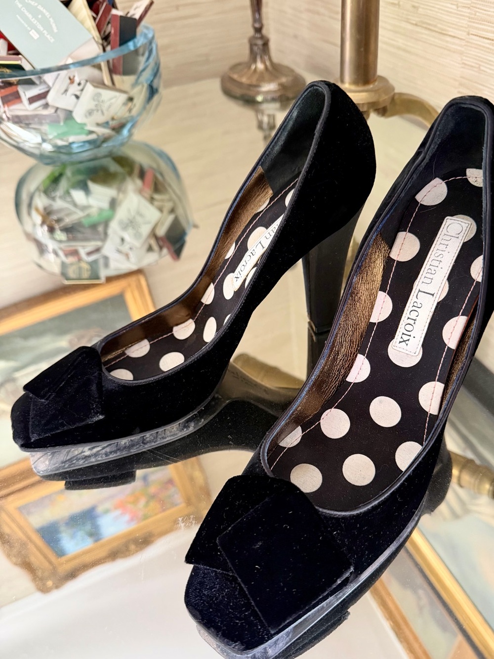 Christian Lacroix Black Velvet Bow Peep-Toe Pumps with Polka-Dot Insole